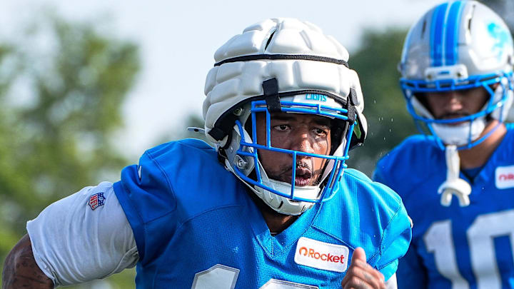 Detroit Lions wide receiver Tim Patrick (12) practices during training camp at team's Performance Center Detroit Lions wide receiver Tim Patrick (12) practices during training camp at team's Performance Center