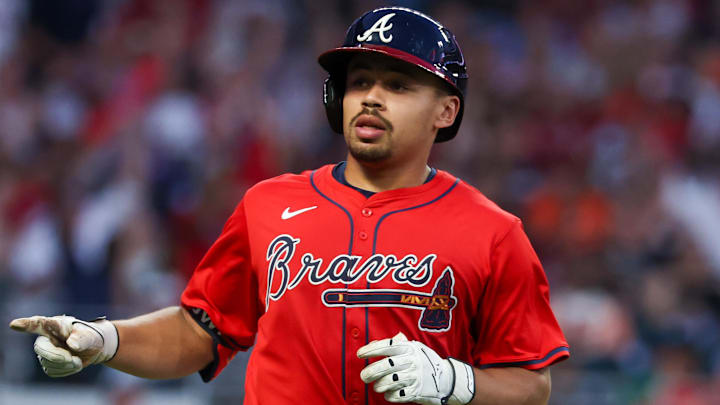 Jul 4, 2025; Atlanta, Georgia, USA; Atlanta Braves catcher Drake Baldwin (30) celebrates after a home run against the Baltimore Orioles in the sixth inning at Truist Park. Mandatory Credit: Brett Davis-Imagn Images
