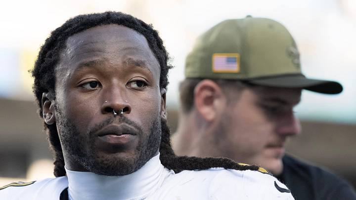 New Orleans Saints running back Alvin Kamara walks off the field after the game.