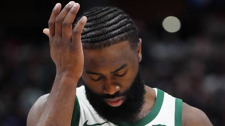 Mar 7, 2024; Denver, Colorado, USA; Boston Celtics guard Jaylen Brown (7) reacts in the fourth quarter against the Denver Nuggets at Ball Arena. Mandatory Credit: Ron Chenoy-USA TODAY Sports Mar 7, 2024; Denver, Colorado, USA; Boston Celtics guard Jaylen Brown (7) reacts in the fourth quarter against the Denver Nuggets at Ball Arena. Mandatory Credit: Ron Chenoy-USA TODAY Sports