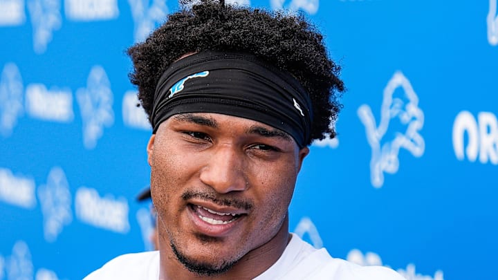 Detroit Lions safety Brian Branch (32) speaks to media members during training camp at team's Allen Park Performance Center