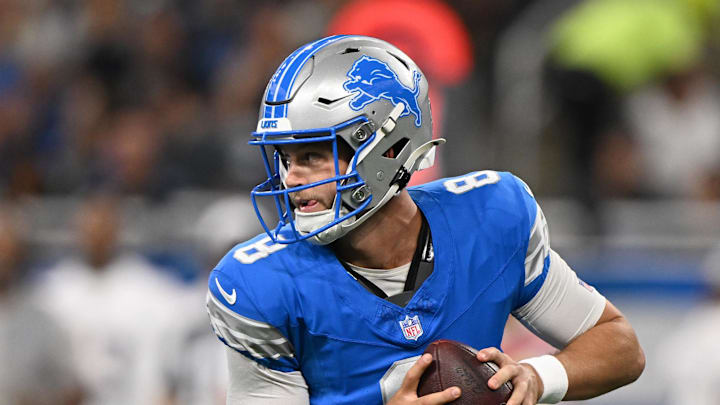 Aug 16, 2025; Detroit, Michigan, USA;  Detroit Lions quarterback Kyle Allen (8) looks to pass the ball against the Miami Dolphins in the first quarter at Ford Field. Mandatory Credit: Lon Horwedel-Imagn Images