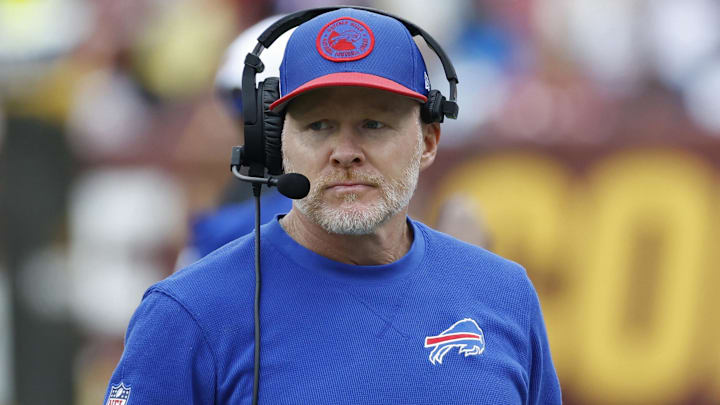 Sep 24, 2023; Landover, Maryland, USA; Buffalo Bills head coach Sean McDermott stands on the sidelines against the Washington Commanders at FedExField. Mandatory Credit: Geoff Burke-Imagn Images