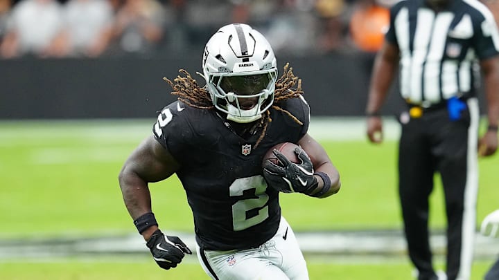 Aug 16, 2025; Paradise, Nevada, USA; Raiders running back Ashton Jeanty (2) rushes against the San Francisco 49ers during the first quarter at Allegiant Stadium. Mandatory Credit: Stephen R. Sylvanie-Imagn Images