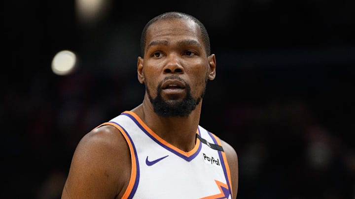 Jan 16, 2025; Washington, District of Columbia, USA; Phoenix Suns forward Kevin Durant (35) looks on during the first quarter against the Washington Wizards at Capital One Arena. Mandatory Credit: Reggie Hildred-Imagn Images