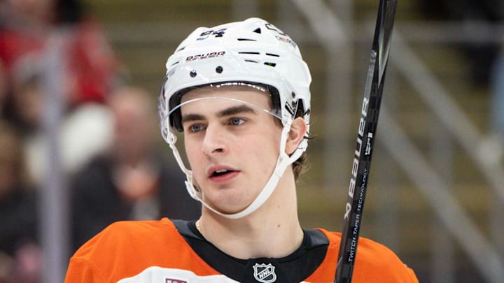 Apr 7, 2026; Newark, New Jersey, USA; Philadelphia Flyers right wing Porter Martone (94) takes a break during a stoppage in play against the New Jersey Devils during the second period at Prudential Center.