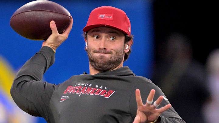 Nov 23, 2025; Inglewood, California, USA; Tampa Bay Buccaneers quarterback Baker Mayfield (6) warms up prior to the game against the Los Angeles Rams at SoFi Stadium. Mandatory Credit: Jayne Kamin-Oncea-Imagn Images