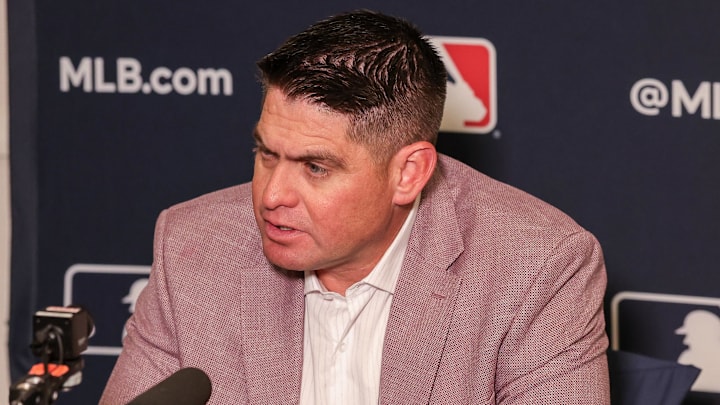 Dec 8, 2025; Orlando, FL, USA; New York Mets manager Carlos Mendoza speaks with the media during the 2025 MLB Winter Meetings at Signia by Hilton Hotel. 