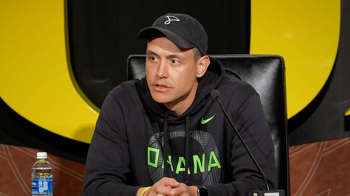 Oregon quarterbacks coach Koa Ka'ai speaks to media on April 7, 2026, in Eugene, Oregon.