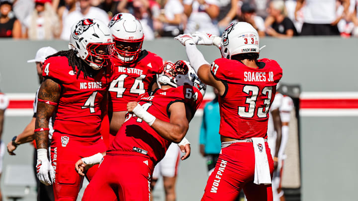 Oct 4, 2025; Raleigh, North Carolina, USA; NC State Wolfpack defensive end Sabastian Harsh (54) and linebacker Jr. Kenny Soares (33) celebrate a tackle during the first half of the game against Campbell Fighting Camels at Carter-Finley Stadium. Mandatory Credit: Jaylynn Nash-Imagn Images Oct 4, 2025; Raleigh, North Carolina, USA; NC State Wolfpack defensive end Sabastian Harsh (54) and linebacker Jr. Kenny Soares (33) celebrate a tackle during the first half of the game against Campbell Fighting Camels at Carter-Finley Stadium. Mandatory Credit: Jaylynn Nash-Imagn Images