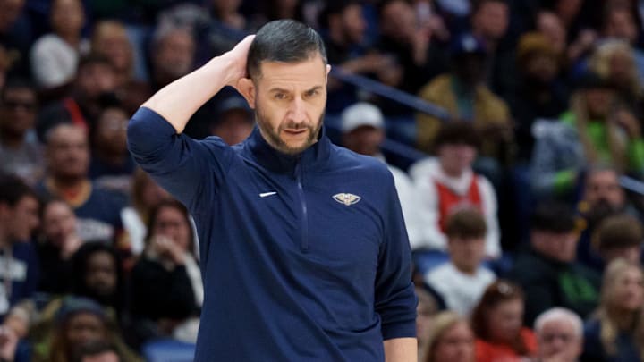 Jan 13, 2026; New Orleans, Louisiana, USA; New Orleans Pelicans head coach James Borrego reacts during the second half against the Denver Nuggets at Smoothie King Center. Mandatory Credit: Matthew Hinton-Imagn Images