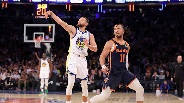 Feb 29, 2024; New York, New York, USA; Golden State Warriors guard Stephen Curry (30) watches his three point shot against New York Knicks guard Jalen Brunson (11) during the third quarter at Madison Square Garden. Mandatory Credit: Brad Penner-Imagn Images Feb 29, 2024; New York, New York, USA; Golden State Warriors guard Stephen Curry (30) watches his three point shot against New York Knicks guard Jalen Brunson (11) during the third quarter at Madison Square Garden. Mandatory Credit: Brad Penner-Imagn Images