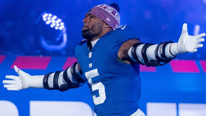 New York Giants EDGE Kayvon Thibodeaux runs out of the tunnel during a Thursday Night game against the Philadelphia Eagles. New York Giants EDGE Kayvon Thibodeaux runs out of the tunnel during a Thursday Night game against the Philadelphia Eagles.