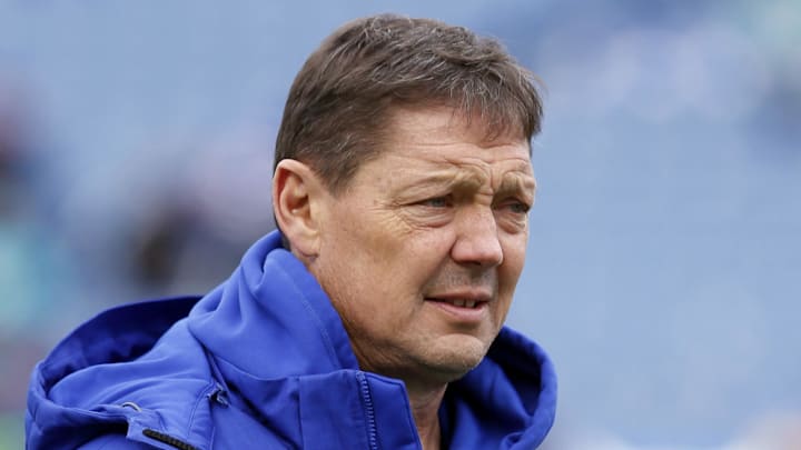 Dec 17, 2017; Orchard Park, NY, USA; Buffalo Bills offensive coordinator Rick Dennison on the field before a game against the Miami Dolphins at New Era Field. Mandatory Credit: Timothy T. Ludwig-Imagn Images