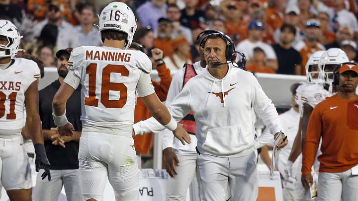 Oct 25, 2025; Starkville, Mississippi, USA; Texas Longhorns quarterback Arch Manning and head coach Steve Sarkisian