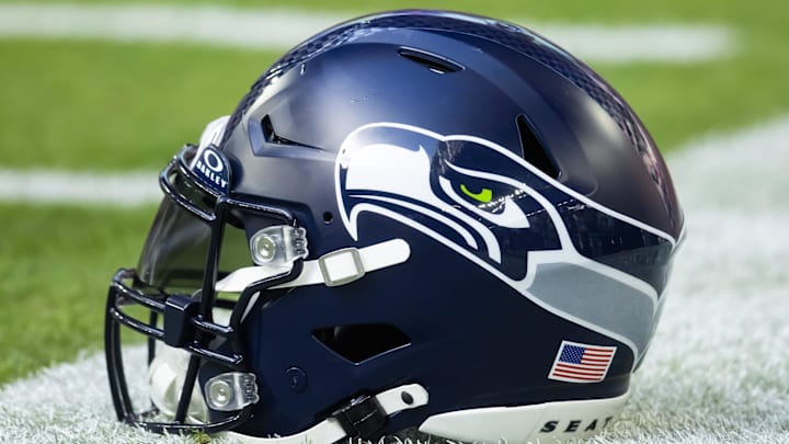 Dec 8, 2024; Glendale, Arizona, USA; Detailed view of a Seattle Seahawks helmet at State Farm Stadium. Mandatory Credit: Mark J. Rebilas-Imagn Images