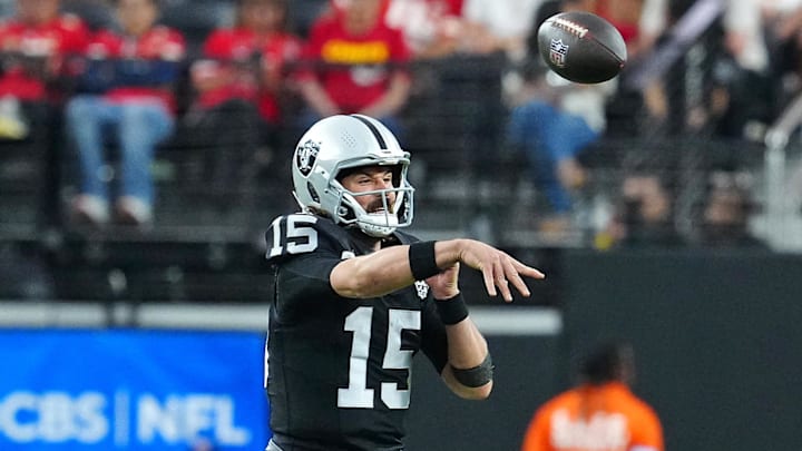 Oct 27, 2024; Paradise, Nevada, USA; Las Vegas Raiders quarterback Gardner Minshew (15) makes a pass attempt against the Kansas City Chiefs during the fourth quarter at Allegiant Stadium. Mandatory Credit: Stephen R. Sylvanie-Imagn Images