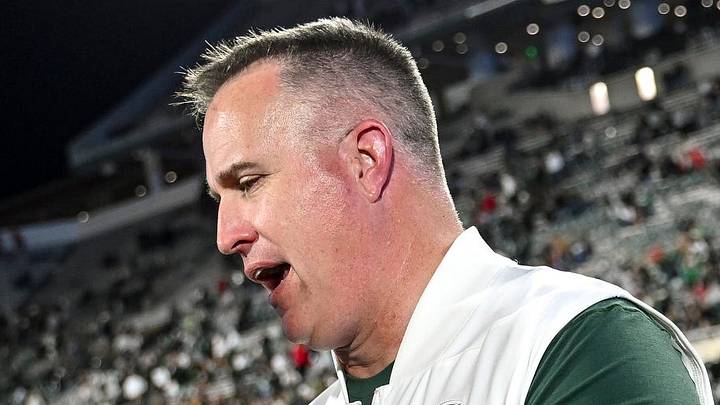Michigan State’s head coach Pat Fitzgerald, right, shakes hands with Nebraska head coach Matt Rhule after the game on Saturday, Sept. 26, 2026, in East Lansing.