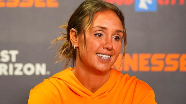 Tennessee coach Kim Caldwell during the Lady Vols' media day held at Thompson-Boling Arena at Food City Center in Knoxville on Oct. 22, 2025. Tennessee coach Kim Caldwell during the Lady Vols' media day held at Thompson-Boling Arena at Food City Center in Knoxville on Oct. 22, 2025.