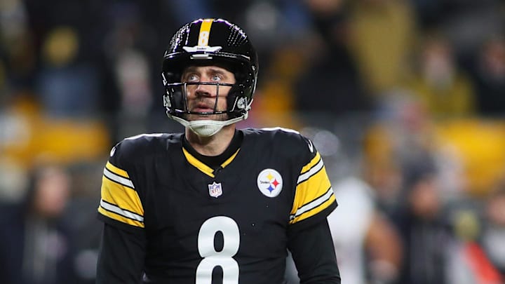 Pittsburgh Steelers quarterback Aaron Rodgers (8) looks on after being sacked during the first half of the NFL Wild Card game against the Houston Texans at Acrisure Stadium in Pittsburgh, PA on January 12, 2026.