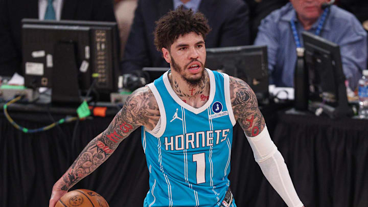 Apr 12, 2026; New York, New York, USA; Charlotte Hornets guard LaMelo Ball (1) dribbles up court against the New York Knicks during the first half at Madison Square Garden. Mandatory Credit: Vincent Carchietta-Imagn Images