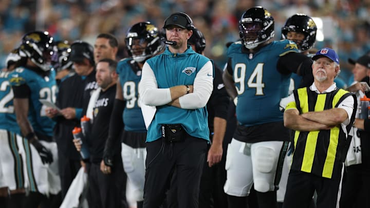 Oct 6, 2025; Jacksonville, Florida, USA; Jacksonville Jaguars head coach Liam Coen during the second half against the Kansas City Chiefs at EverBank Stadium. Mandatory Credit: Nathan Ray Seebeck-Imagn Images