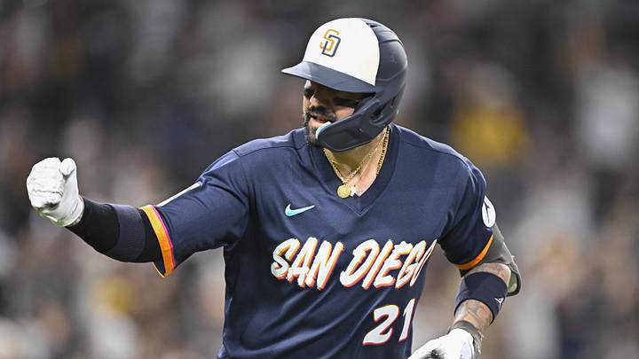 San Diego Padres right fielder Nick Castellanos (21) pumps his fist