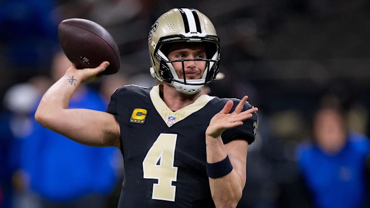 Dec 1, 2024; New Orleans, Louisiana, USA; New Orleans Saints quarterback Derek Carr (4) throws before a game against the Los Angeles Rams at Caesars Superdome. Mandatory Credit: Matthew Hinton-Imagn Images