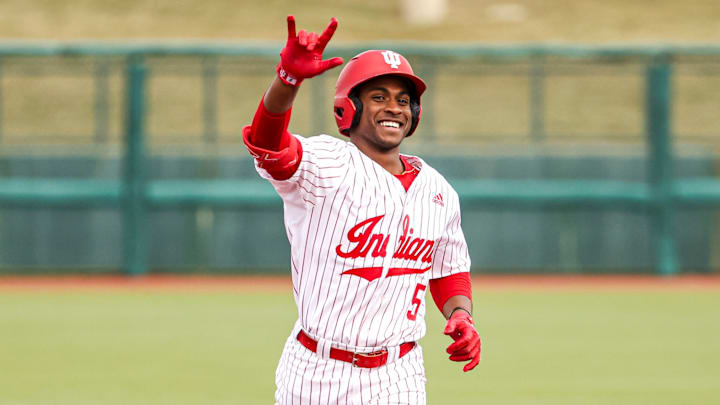Indiana's Devin Taylor celebrates a home run against Xavier at Bart Kaufman Field.
