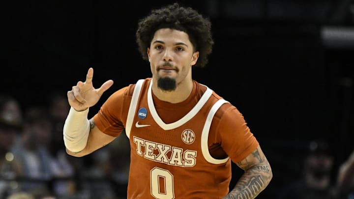 Texas Longhorns guard Jordan Pope (0) reacts after a play in the first half against the Gonzaga Bulldogs during a second-round game of the men's 2026 NCAA Tournament at Moda Center.