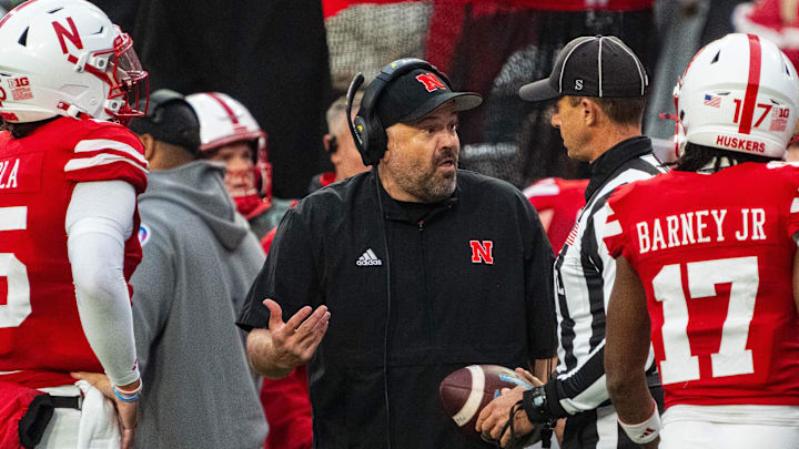 Nov 2, 2024; Lincoln, Nebraska, USA; Nebraska Cornhuskers head coach Matt Rhule talks with an official against the UCLA Bruins during the fourth quarter at Memorial Stadium. Nov 2, 2024; Lincoln, Nebraska, USA; Nebraska Cornhuskers head coach Matt Rhule talks with an official against the UCLA Bruins during the fourth quarter at Memorial Stadium.