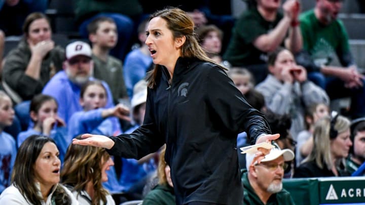 Michigan State's head coach Robyn Fralick reacts after the Spartans were called for a technical foul during the third quarter in the game against Oregon on Thursday, Jan. 30, 2025, at the Breslin Center in East Lansing.