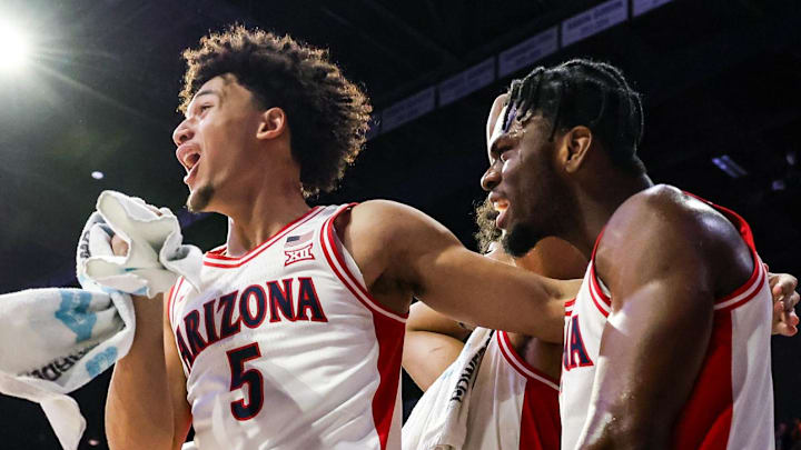 Dec 22, 2025; Tucson, Arizona, USA; Arizona Wildcats guard Brayden Burries (5) and teammates celebrate at the bench during the second half of the game against the Bethune-Cookman Wildcats at McKale Memorial Center. Mandatory Credit: Aryanna Frank-Imagn Images