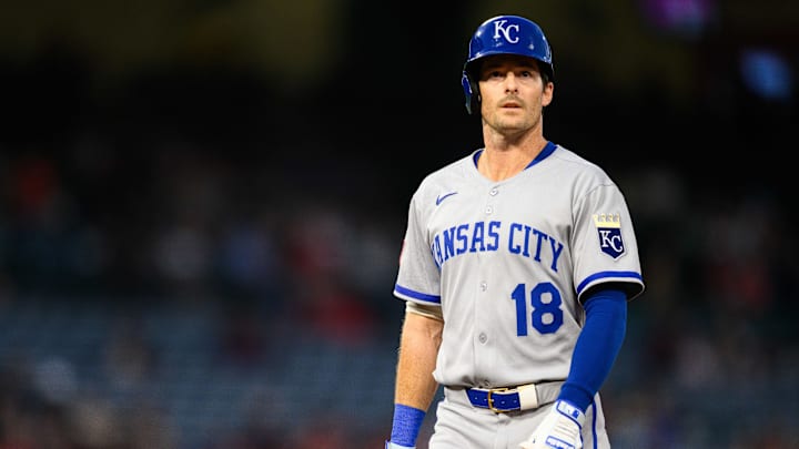 Sep 25, 2025; Anaheim, California, USA; Kansas City Royals center fielder Mike Yastrzemski (18) looks on during the first inning against the Los Angeles Angels at Angel Stadium. Mandatory Credit: William Liang-Imagn Images