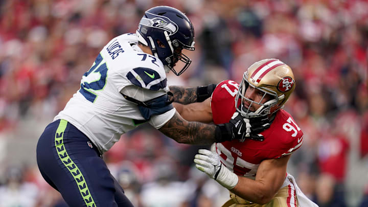 Dec 10, 2023; Santa Clara, California, USA; Seattle Seahawks offensive tackle Abraham Lucas (72) blocks San Francisco 49ers defensive end Nick Bosa (97) in the fourth quarter at Levi's Stadium. Mandatory Credit: Cary Edmondson-Imagn Images
