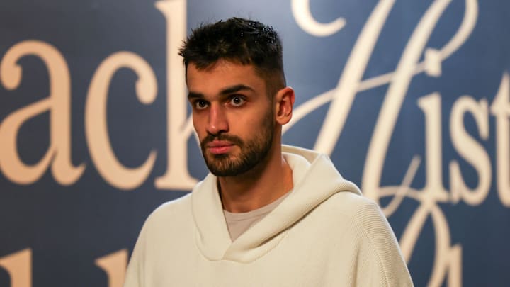 Feb 12, 2024; Salt Lake City, Utah, USA;  Utah Jazz center Omer Yurtseven (77) arrives at the Delta Center before the game against the Golden State Warriors. Mandatory Credit: Chris Nicoll-Imagn Images