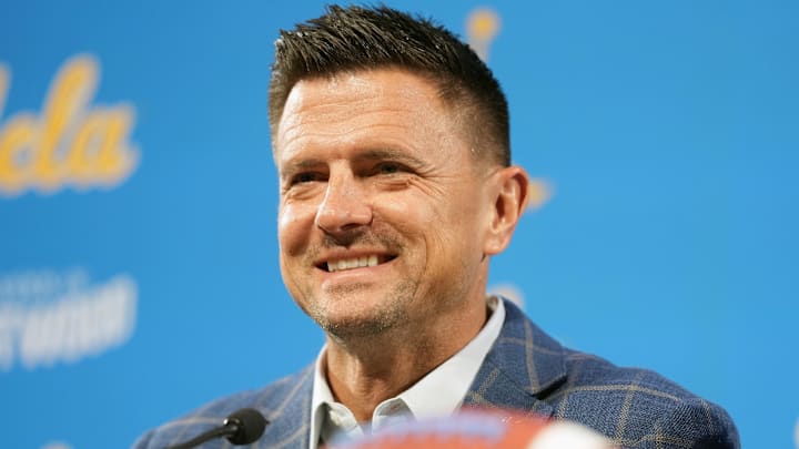 Dec 9, 2025; Los Angeles, CA, USA; Bob Chesney is introduced as UCLA Bruins football coach at press conference at Renee Luskin Conference Center Centennial Ballroom. Mandatory Credit: Kirby Lee-Imagn Images