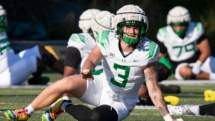 Oregon tight end Terrance Ferguson stretches as the Oregon Ducks hit the practice field ahead of Michigan State Tuesday, Oct. 1, 2024 at the Hatfield-Dowlin Complex in Eugene, Ore. Oregon tight end Terrance Ferguson stretches as the Oregon Ducks hit the practice field ahead of Michigan State Tuesday, Oct. 1, 2024 at the Hatfield-Dowlin Complex in Eugene, Ore.