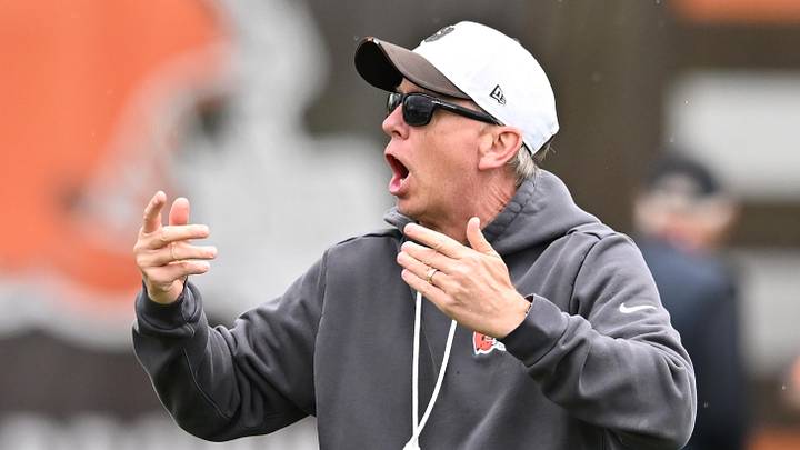 May 8, 2026; Berea, OH, USA; Cleveland Browns head coach Todd Monken reacts during rookie minicamp at CrossCountry Mortgage Campus. Mandatory Credit: Ken Blaze-Imagn Images
