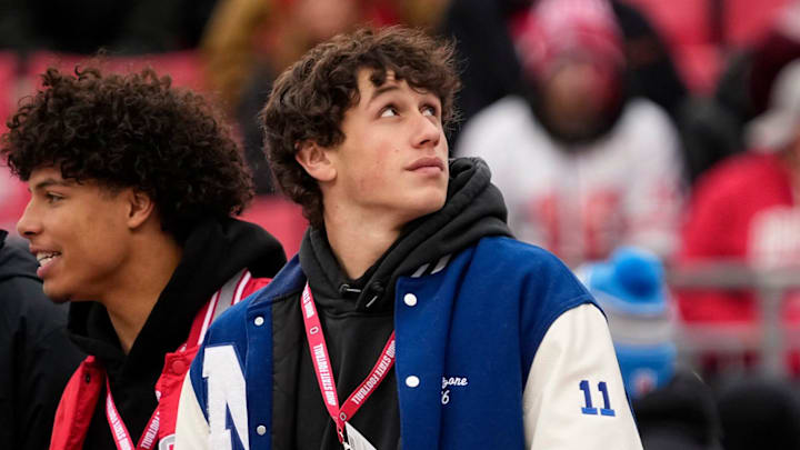 Nazareth Academy quarterback Peyton Falzone, right, watches warm ups with Bellefontaine quarterback Tavien St. Clair prior to the NCAA football game against the Indiana Hoosiers at Ohio Stadium in Columbus on Saturday, Nov. 23, 2024. Nazareth Academy quarterback Peyton Falzone, right, watches warm ups with Bellefontaine quarterback Tavien St. Clair prior to the NCAA football game against the Indiana Hoosiers at Ohio Stadium in Columbus on Saturday, Nov. 23, 2024.