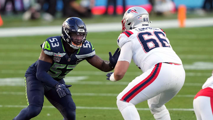 Feb 8, 2026; Santa Clara, CA, USA; Seattle Seahawks linebacker Boye Mafe (53) rushes against New England Patriots offensive tackle Will Campbell (66) during the second quarter in Super Bowl LX at Levi's Stadium. Mandatory Credit: Darren Yamashita-Imagn Images