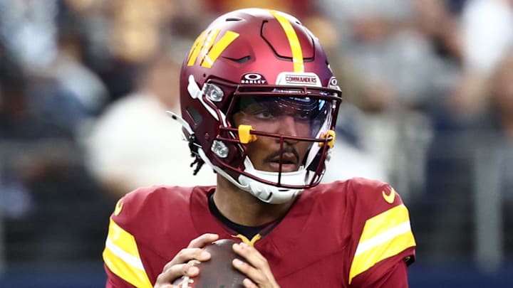 Oct 19, 2025; Arlington, Texas, USA; Washington Commanders quarterback Jayden Daniels (5) Mandatory Credit: Kevin Jairaj-Imagn Images