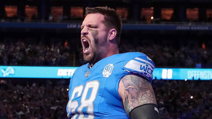 Detroit Lions left tackle Taylor Decker takes the field during player introductions Detroit Lions left tackle Taylor Decker takes the field during player introductions