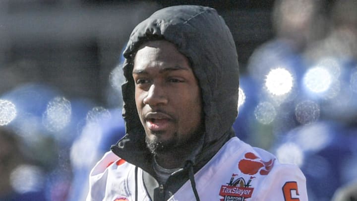 Clemson linebacker Sammy Brown and cornerback Tavoy Feagin (6) before the TaxSlayer Gator Bowl at EverBank Stadium in Jacksonville, Florida, Friday, December 29, 2023