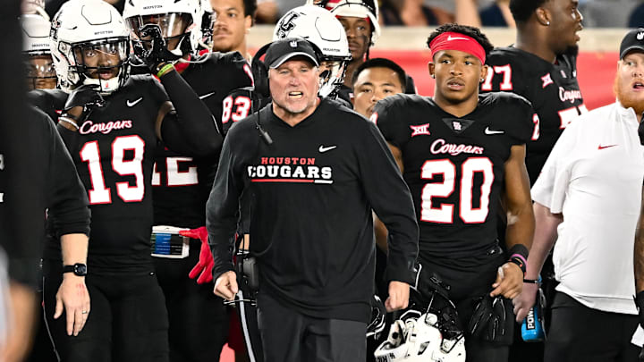 Oct 12, 2023; Houston, Texas, USA; Houston Cougars head coach Dana Holgorsen reacts on the sideline during the first half against the West Virginia Mountaineers at TDECU Stadium. Oct 12, 2023; Houston, Texas, USA; Houston Cougars head coach Dana Holgorsen reacts on the sideline during the first half against the West Virginia Mountaineers at TDECU Stadium.