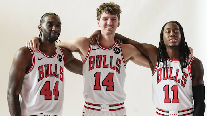 Sep 29, 2025; Chicago, IL, USA; Chicago Bulls forward Patrick Williams (44)  forward Matas Buzelis (14) and guard Ayo Dosunmu (11) pose for photos during Chicago Bulls Media Day. Mandatory Credit: David Banks-Imagn Images