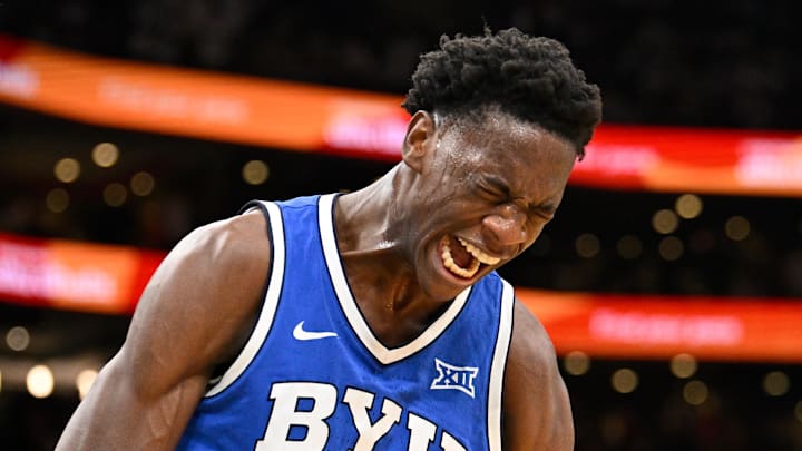 BYU Cougars forward AJ Dybantsa (3) reacts after making a basket against the UConn Huskies during the second half at TD Garden on November 15, 2025.