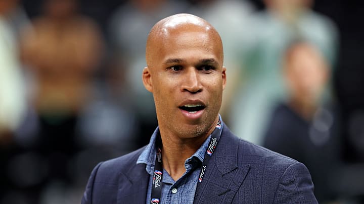 NBA TV analyst and former player Richard Jefferson attends the NBA Finals Media Day at TD Garden. NBA TV analyst and former player Richard Jefferson attends the NBA Finals Media Day at TD Garden.