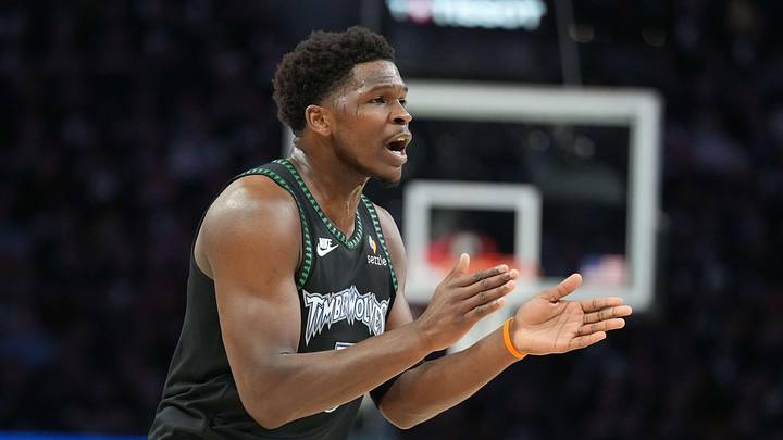 May 15, 2026; Minneapolis, Minnesota, USA; Minnesota Timberwolves guard Anthony Edwards (5) looks on against the San Antonio Spurs in the first half during game six of the second round of the 2026 NBA Playoffs at Target Center. Mandatory Credit: Jesse Johnson-Imagn Images