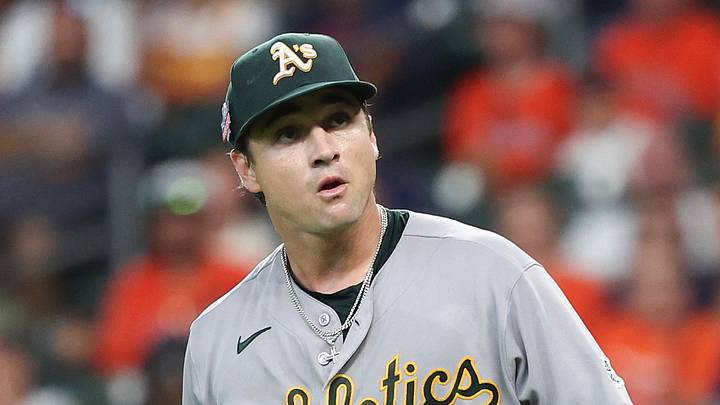 Aug 21, 2026; Houston, Texas, USA; Athletics starting pitcher J.T. Ginn (35) reacts after hitting Houston Astros designated hitter Yordan Alvarez (44) (not pictured) with a pitch in the first inning at Daikin Park. Mandatory Credit: Thomas Shea-Imagn Images Aug 21, 2026; Houston, Texas, USA; Athletics starting pitcher J.T. Ginn (35) reacts after hitting Houston Astros designated hitter Yordan Alvarez (44) (not pictured) with a pitch in the first inning at Daikin Park. Mandatory Credit: Thomas Shea-Imagn Images